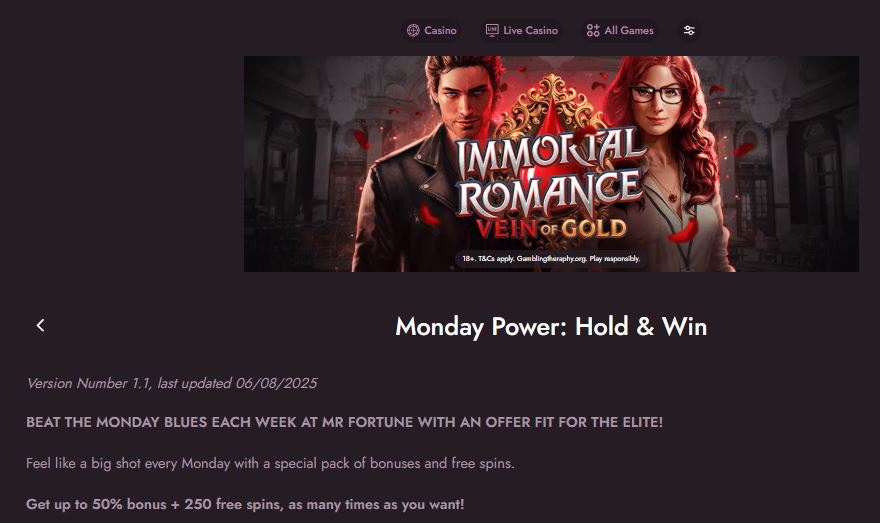 Claim Monday Power Hold Win promotion receiving fifty percent bonus plus two fifty free spins weekly